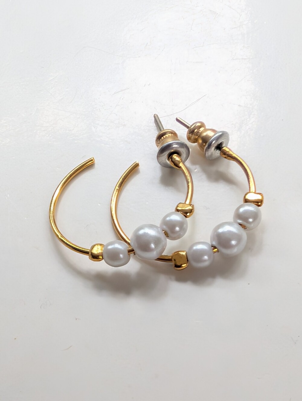 Trendy Gold Tone Faux Pearl Beaded Stacked Elegant Half Hoop Post Earrings